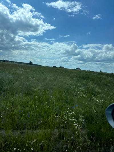 The image depicts a vast, green meadow dotted with wildflowers under a bright, cloudy sky. Several houses and buildings are visible on a gentle rise in the distance, hinting at a rural or suburban setting. A portion of a dark-colored vehicle's side mirror is visible in the lower right corner, suggesting the photo was taken from inside a car. The overall scene conveys a sense of open space and natural beauty. The provided location is the city of Kostiantynivka, Ukraine.