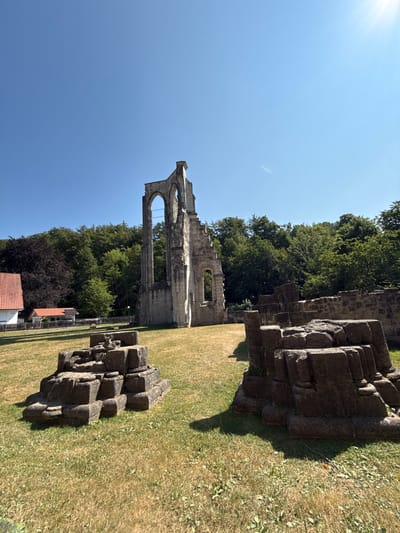 The image shows the ruins of a medieval monastery in Walkenried, Germany. The ruins consist of stone structures, including a tall, arched tower and several lower walls and foundations. In the foreground, there are two large piles of hewn stones, possibly remnants of columns or other architectural elements. The area is covered in dry grass, with some scattered green patches. A dense line of green trees forms the background, and a clear blue sky with the sun shining brightly is visible above. To the left of the ruins, there are two small buildings with red-tiled roofs and a white fence. The scene is set in an outdoor environment during the daytime.