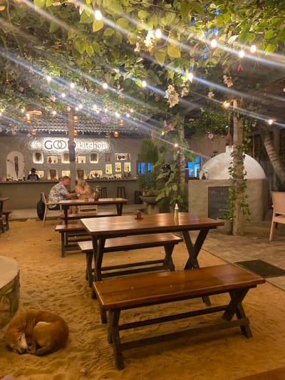 The image depicts an evening scene at "The GOOD Kitchen," an open-air restaurant in Dikwella, Sri Lanka. The ground is covered in sand. Overhead, a dense canopy of green foliage and vines with scattered white and pink flowers is illuminated by numerous string lights with bare bulbs, casting a warm glow.
In the background, the main building features a bar area with a concrete counter and shelves displaying bottles and decorative items. Above the bar, "The GOOD Kitchen" sign is prominently displayed. Two individuals, likely staff, are partially visible behind the bar. To the right of the bar, a large, white, dome-shaped pizza oven is visible, with a blackboard sign next to it indicating "Today's Special."
In the midground, several wooden picnic-style tables with attached benches are arranged on the sand. At one such table, a male in a patterned short-sleeved shirt and a female with light hair are seated, appearing to interact with a tablet or menu. A table number "18" is visible on their table. Another wooden table with benches is empty in the immediate foreground, with a small white bottle (possibly hand sanitizer) on its surface.
In the lower left foreground, a brown dog is curled up and sleeping peacefully on the sand. To the far right, a light-colored wicker chair is visible near the edge of the frame. Concrete planters with vegetation and structural pillars wrapped in vines are interspersed throughout the scene.