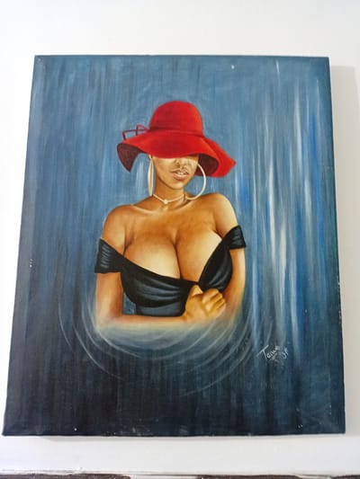 A painting on canvas depicts a woman wearing a red hat and a black off-the-shoulder top. She is positioned centrally, with her arms crossed over her chest. The background is a deep blue with vertical streaks, suggesting rain or water. Concentric circles of light emanate from the lower part of the painting. The artist's signature, "Taivve JP," is visible in the lower right corner. The painting is displayed against a white wall.