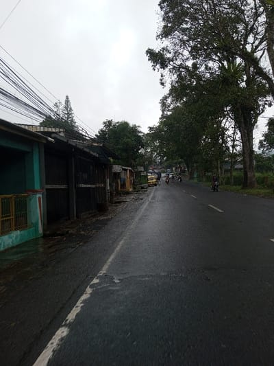 The image displays a wet, asphalt road in YonPhoogla, Bhutan, on an overcast day. The road, marked with a solid white line on its left edge and a dashed white line further into the lane, extends into the distance, gently curving to the right. On the immediate left, a sequence of low-rise structures includes a building with a teal facade, red accent column, yellow metal railing, and a dark corrugated metal rolling door. Above these structures, a dense network of black electrical or utility cables is visible. The ground alongside the buildings appears unpaved and damp. Dominating the right side of the road are large, mature trees with dark green foliage and visible epiphytes on their trunks. Several motorcycles are observed traveling away from the viewer down the road; one rider, wearing a helmet, is in the mid-ground. A yellow sedan is visible on the left side of the road further in the distance. The sky is uniformly bright and cloudy, and distant green landscapes or hills are faintly discernible in the background beneath the horizon line.
