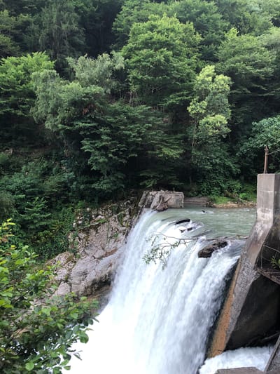 This media file depicts a scenic view of a waterfall cascading over a rocky embankment, surrounded by lush green foliage. The scene is characterized by the dynamic flow of water, creating a sense of motion and power.
The subjects include the waterfall itself, a man-made concrete structure that appears to be part of a dam or spillway, and the surrounding natural environment of trees and rocks. The water is a milky, turbulent white as it plunges downwards, with a lighter green hue visible in the calmer section upstream. The rocky embankment displays rough textures and patches of moss or vegetation, suggesting a natural, somewhat untamed setting. Dense trees with varied shades of green form a backdrop, hinting at a forest or heavily wooded area.
The primary activity is the flow of water over the dam and down the waterfall. The water appears to be in a state of overflow, indicating a significant volume of water passing through. There are no visible people or animals in the frame.
Notable details include the presence of a fallen tree or large branch partially submerged in the turbulent water near the edge of the falls. A thin, bare branch extends from the water towards the viewer, adding a touch of delicate detail against the powerful flow. The lighting suggests it could be daytime, with diffused light that doesn't cast harsh shadows, possibly indicating an overcast or cloudy sky, or a location deep within a shaded forest. The overall impression is one of natural beauty and the raw force of water.
The location is identified as Abzhanda, Abkhazia. There is no visible text in the image.