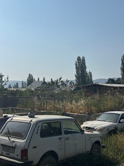The image captures an outdoor scene featuring two white cars, both appearing to be abandoned or in a state of disrepair. The car in the foreground, on the left, is a white Lada Niva with a license plate that reads "D 8405 B". It shows signs of rust and dirt, with a spare tire visible on its roof. The second white car, partially obscured by tall grass and weeds, is on the right. Its front is damaged, and it seems to be a sedan.
The background reveals a rural or semi-rural setting. There are buildings with tiled roofs, and numerous tall, slender trees, characteristic of poplars, are scattered throughout the landscape. Beyond the immediate structures, a range of hills or mountains forms the horizon under a clear, pale blue sky. The environment is overgrown with vegetation, suggesting a location that is not actively maintained. The scene's overall impression is one of neglect and stillness. Based on the visual cues, it is highly probable this image was taken in a rural or suburban area outside the immediate urban center of Bishkek, Kyrgyzstan, likely in a village or on the outskirts of the capital.