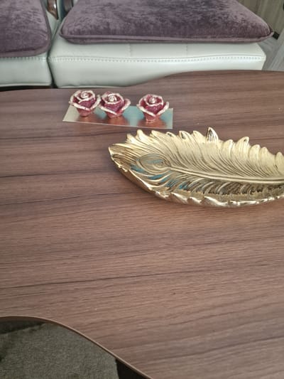 A close-up shot shows a wooden table with decorative items. In the foreground, a golden decorative feather-shaped tray rests on the table. Behind it, three small rose-shaped decorations with gold trim are arranged on a rectangular backing. In the background, out of focus, are pieces of furniture, possibly a sofa with beige and purple cushions. The scene is indoors, and there are no people present. The specific location in Dover, United Kingdom, cannot be determined from the image alone.