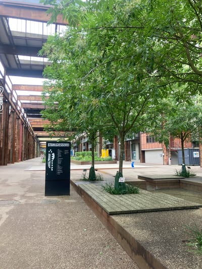 The image shows a view of the Georg Fischer steelworks factory area in Schaffhausen, Switzerland, now converted into a public space. A large, leafy tree overhangs a pathway. Next to the path is a black sign with the word "STAHLGIESSEREI" in white lettering, and a map showing the buildings of the factory.  Beyond the sign, the remains of a rusty steel structure extend to the left.  In the background, modern buildings are visible through the trees. The ground is paved.