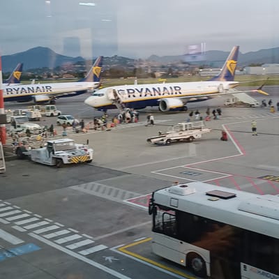 The image displays an active airport tarmac scene, viewed from an interior window with visible reflections. In the mid-ground, three Ryanair aircraft are prominent, identified by their "RYANAIR" branding on the fuselage and the harp logo on their tails. The central plane, a Boeing 737 with partial registration EI-DHD visible, is actively engaged in passenger boarding or disembarking, with an airstair connected and numerous passengers on the tarmac, some carrying luggage.
Various ground support vehicles are present, including several baggage tugs and a ground power unit (GPU). Ground crew members in high-visibility vests are situated around the aircraft and equipment. In the foreground, a white airport shuttle bus, marked with "ACE HANDLING" on its side, partially obscures the lower right view.
The tarmac features distinct white, yellow, and red markings, including a pedestrian crosswalk and a pedestrian symbol. Partial ground markings such as "238" and "205" are also visible. The background reveals distant mountains and scattered urban buildings under an overcast, grey sky, suggesting either late afternoon/early evening or a cloudy day. The scene depicts routine, busy airport operations, likely at Orio al Serio, Italy.