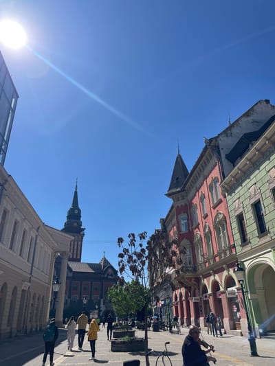 The image presents a sunny street scene in Subotica, Serbia, characterized by ornate historical architecture and lively pedestrian activity. The time of day is bright daylight, indicated by a clear blue sky and a strong sun flare emanating from the top left, casting distinct shadows.
The street is flanked by architecturally rich buildings. On the left, several multi-story structures feature detailed facades in shades of red, green, and cream, adorned with arches, cornices, and decorative window frames. One building in the mid-ground on the left side has a prominent, dark-roofed turret. On the opposite side of the street (right), buildings are lighter, possibly white or beige, with classical columns and arched ground-floor windows. Further into the background on the right, a distinctive red and white building with a patterned roof is visible, along with a tall, dark clock tower topped with a spire, which features a visible clock face.
The street level is bustling with people walking. Several individuals and small groups are scattered across the pavement, suggesting a public square or main thoroughfare. One person in the foreground on the right appears to be standing near a bicycle. Notable attire includes a person in a bright yellow jacket. Trees with sparse, bare branches are visible along the street, suggesting either late autumn or early spring, while some green foliage is also present further down.
Visible text includes multiple "mts" logos, a Serbian telecommunications company, displayed on awnings or signs of a building on the left, which serves as a strong location cue for Serbia. The overall scene captures a vibrant and pleasant atmosphere of a European city street.