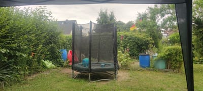 The image depicts a backyard scene in Liebenburg, Germany, on an overcast day. The focal point is a large, black-netted trampoline with a green safety pad. On the trampoline's surface are two balls: one large, turquoise ball and a smaller, blue soccer ball.
To the left of the trampoline, a vibrant blue plastic barrel and a red plastic container are visible among lush green bushes. A bright green plastic toy, possibly a slide or play structure, lies on the ground to the left, near a spiky plant. In the background, a house with a grey roof is partially obscured by dense foliage.
To the right of the trampoline, more greenery dominates the landscape, including tall hollyhock flowers with dark red blooms. A large blue plastic barrel stands near a smaller, teal-colored container, with dense bamboo growth behind them. A German flag, displaying black, red, and yellow horizontal stripes, waves from a pole in the background, nestled among trees. The overall setting is a well-maintained garden, suggesting a residential area. The weather appears to be cloudy, casting a diffused light over the scene, and the time of day is likely daytime. There is no visible text in the image.