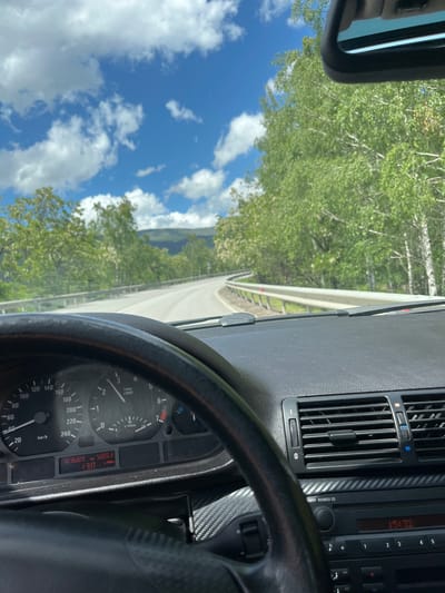 The image, captured from the perspective of a vehicle's interior, looks out onto a scenic road on a bright, sunny day. The car is traveling on an asphalt road that appears to wind through a mountainous or forested region. Lush green trees, possibly birch or aspen with their distinctive light-colored bark, line the roadside. In the distance, mountains rise under a clear blue sky dotted with scattered white clouds. White road markings and guardrails are visible along the route.

Inside the car, a black steering wheel is partially visible in the lower right quadrant. Behind it, the instrument cluster displays a speedometer marked in km/h and a tachometer. A digital readout shows a total mileage of "183689 km", a trip distance of "589.3 km", and fuel consumption at "13.0 L/100km". To the right of the steering wheel, the car's dashboard features an air vent with orange and blue temperature control sliders. Below the vent is a "BMW BUSINESS CD" car radio with numerical preset buttons (1-5) and a display indicating the time as "15:32" (3:32 PM). The trim around the radio has a carbon fiber texture. The frame of a rearview mirror is partially visible in the upper left corner. The scene depicts a mid-afternoon drive through a picturesque, possibly mountainous area like Zlatitsa, Bulgaria.