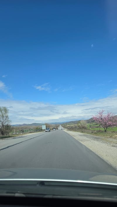 The image depicts a paved road stretching forward, flanked by a gravel shoulder on one side and a vehicle interior on the other, likely taken from the inside of a car. Beyond the shoulder is a grassy area with a few trees and some vegetation. In the distance, mountains are visible. The sky is a mix of blue and clouds. In the distance, other vehicles are visible on the road. It is difficult to confirm the exact location in the city of Slatino, Bulgaria without additional information. However, the landscape suggests a rural or semi-rural setting on the outskirts of the city. The image does not contain people.