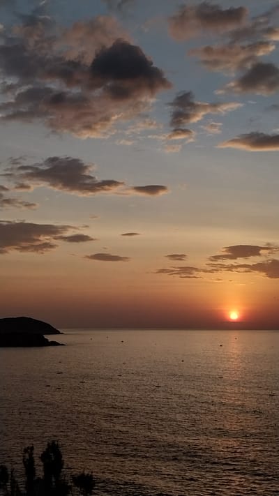 The image shows a sunset over the ocean at Mui Ne beach in Tuy Phong, Vietnam. The sky is filled with clouds tinged with orange and pink hues, with a bright sun setting on the horizon. The ocean is calm, reflecting the colors of the sky. Small boats are scattered across the water, and a dark landmass, possibly a hill or island, is visible on the left side of the frame. Silhouetted trees are visible in the foreground at the bottom of the image.