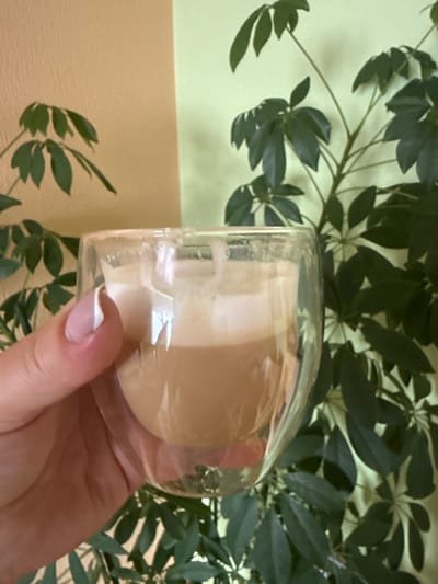 A hand with a French manicure is holding a clear, double-walled glass filled with a light brown beverage topped with foam. The glass is positioned in the foreground, slightly to the left of center. Behind the glass, a plant with dark green, palmate leaves is visible, with some leaves extending in front of the glass. The background consists of two distinct wall colors: a pale yellow on the left and a light green on the right. The lighting suggests an indoor setting, possibly a home or cafe. There is no indication of the location being in the city of Hraniv, Ukraine.