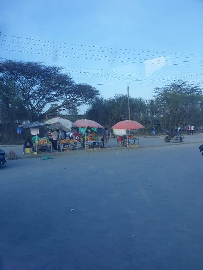 This image captures a lively roadside market scene, likely situated in Oloosirkon/Sholinke ward, Kenya. The perspective is from a vehicle or elevated position, looking down at a paved road on the right and a bustling market area on the left.
Along the side of the road, several vendor stalls are set up. Each stall is distinguished by a large, round umbrella, predominantly in shades of red or orange, providing shade for the vendors and their merchandise. Under these vibrant umbrellas, multiple people are visible, presumably vendors attending to their goods. While the specific items are not clearly discernible due to distance, the stalls appear to be laden with produce, possibly fruits and vegetables, indicating a fresh market. Further down the road, more individuals are gathered, suggesting a continuous stretch of market activity. A small cart or possibly a motorcycle with a sidecar is visible further along the road.
The background features abundant green trees and foliage, suggesting a verdant or semi-rural setting. Numerous power lines stretch across the sky, indicating the presence of infrastructure in the area. The sky itself appears overcast or cloudy, diffusing the sunlight and creating a soft, even illumination across the scene, making it difficult to ascertain the precise time of day. No text is visible within the image. The overall impression is one of vibrant daily commerce and local activity in a community setting.