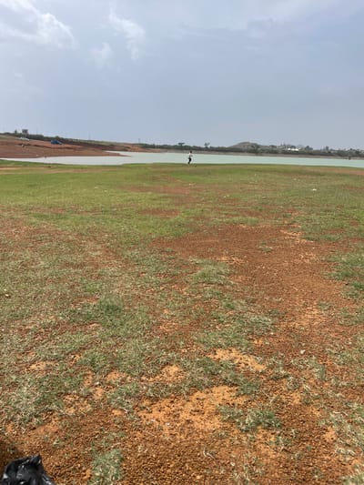 The image depicts a landscape near Nabatum, Nigeria. A body of water runs horizontally across the left side of the frame, with buildings and trees visible on the far bank. A single, unidentifiable person stands near the water's edge. The foreground is characterized by red-brown soil interspersed with patches of green grass, extending across the majority of the scene. The sky is overcast. A black plastic bag is partially visible in the lower right corner of the frame.