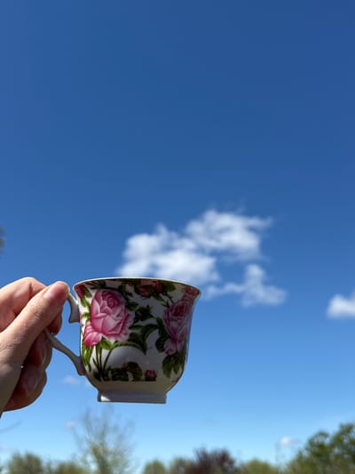 A hand holds a teacup aloft against a clear blue sky, forming the central focus of the image. The teacup, positioned towards the right side and slightly angled, is made of white porcelain and features a detailed floral pattern of pink roses with green leaves. The fingers and a portion of the palm of the hand are visible, holding the cup by its delicate handle.

The dominant background is a bright, vivid blue sky, suggesting excellent weather conditions. A few soft, wispy white clouds are scattered across the sky, particularly in the middle left portion of the frame, adding subtle texture. In the upper right and lower right corners, blurred green foliage from trees or bushes is visible, indicating an outdoor setting.

The image conveys a sense of a bright and sunny daytime, likely taken outdoors. While the specific location is not visually discernible from the image content itself, the provided context places the scene in Aksay, Kazakhstan. The activity depicted is the simple act of holding the teacup towards the sky. There is no visible text in the image.