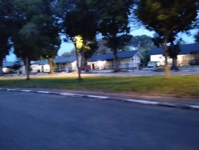 A nighttime, exterior, eye-level, horizontal shot shows a row of low-rise buildings with dark roofs, set back from a paved road. Large trees with dark green foliage and thin trunks line the grassy area between the road and the buildings, obscuring portions of the structures. Streetlights or lights from within the buildings cast a yellow glow on some of the trees and the fronts of the buildings, illuminating white walls and dark window frames. A white vehicle is parked in front of one of the buildings. The sky above is a dark blue, suggesting it is either dusk or night. The road in the foreground is dark asphalt with a white painted curb. The scene appears to be a residential or dormitory complex. No people are visible. The location context is Palohgadeng, Indonesia.