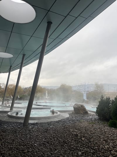 This image depicts an outdoor thermal spa area, specifically identified as Les Thermes de Ribeauvillé in Ribeauvillé, France. The scene is observed from a low-angle perspective looking outwards from beneath a modern building's overhang.
In the foreground, the ground is covered with dark gray crushed stone or gravel. To the left and center, multiple interconnected thermal pools of varying circular and organic shapes are visible, filled with light blue water emitting significant steam, indicating warmth. The edges of these pools are constructed from light gray concrete or stone. At least 15 to 20 individuals are partially submerged in the pools, appearing to be relaxing. Their heads and shoulders are visible above the water line.
Above the pools, a modern building structure with a light blue-gray paneled underside extends diagonally across the top of the frame, supported by three angled, dark gray cylindrical pillars. The underside features several large, circular cutouts.
To the right of the pools, a large, irregularly shaped dark gray rock rests amidst the gravel and some dark green coniferous shrubs. In the mid-ground, behind the pools, lush green and yellowing deciduous foliage forms a natural backdrop. A prominent bare tree in the mid-right is entirely wrapped in white string lights, which are illuminated.
The distant background features a hazy, undulating landscape of hills or mountains beneath a uniformly overcast, light gray sky. A faint, lighter structure, possibly part of an elevated road or building, is discernible on the far right horizon.
