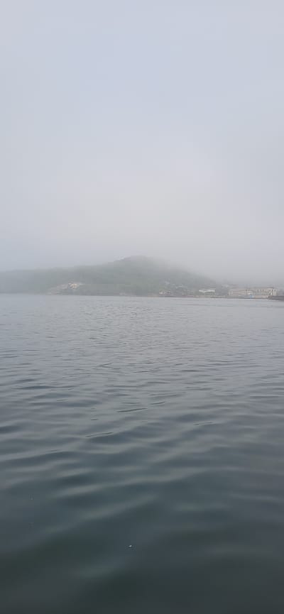 The image captures a serene, overcast day in Slavyanka, Russia, with a tranquil body of water occupying the foreground. The water's surface is gently rippled, reflecting the muted, diffused light of the sky. In the background, a verdant, mist-shrouded hillside rises from the coastline, its contours softened by the fog. Along the base of the hill, a few buildings are visible, suggesting a small settlement or coastal town. The overall atmosphere is one of quietude and natural beauty, characteristic of a foggy day by the sea in this coastal Russian city.