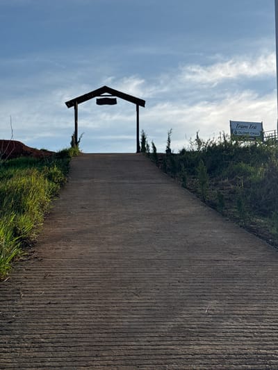 The image shows an outdoor scene with a paved pathway leading uphill towards an arched structure. The pathway is made of concrete with horizontal grooves and is bordered by green grass and small plants on either side. The arched structure, likely an entrance or gateway, is silhouetted against a bright sky with scattered clouds. To the right of the pathway and slightly behind the arch, a signpost with Vietnamese text and a green logo is visible, indicating "Tram Tra OLONG CHAU". This suggests the location is in the vicinity of a tea plantation or shop named "Olong Chau" in Phát Chi, Vietnam. The overall lighting suggests it is daytime, possibly late afternoon given the soft shadows. No people are visible in the image.