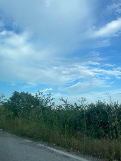 This image depicts a natural outdoor scene, described as being in Cherni Vrah, Bulgaria. The upper two-thirds of the frame are dominated by a vast blue sky, featuring numerous white and light gray clouds of varying densities. A faint, diffuse rainbow arc is visible in the upper-left quadrant of the sky. The lower third of the image is occupied by a dense band of green vegetation, which borders a paved surface.
The vegetation consists of a mix of tall, dark green trees, particularly on the left, with their upper branches extending into the sky. Below these trees and across the width of the frame, there is a thick mass of bushes and tall grasses, exhibiting various shades of green, from deep forest green to lighter, more yellowish-green hues. Some distinct tall, reedy stalks are visible on the right side, standing above the general bush line.
In the bottom-left and central portions of the image, a section of a dark gray asphalt or paved road is visible. A faint, light-colored line marks the edge of the paved surface, which transitions into a narrow, gravelly shoulder before meeting the dense vegetation. A small, white, indistinct object, possibly litter, is present on the road's shoulder near the left edge of the frame. No people, animals, or vehicles are present in the scene. The lighting suggests daytime conditions, likely after a rain shower, evidenced by the rainbow.