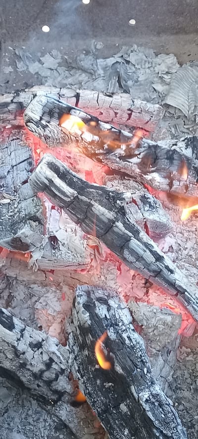 The image displays a close-up view of glowing embers and charred logs in what appears to be the aftermath of a fire. The scene is dominated by shades of gray, black, and vibrant orange-red from the hot coals. Several pieces of partially burned wood are visible, covered in ash and showing cracks from the heat. Small flames lick at the edges of some logs, indicating residual heat. The environment suggests an outdoor setting, possibly a fire pit or a collapsed structure. There are no people or animals present in the image. The specific location in Koviahy, Ukraine, is not visually discernible from the image itself.