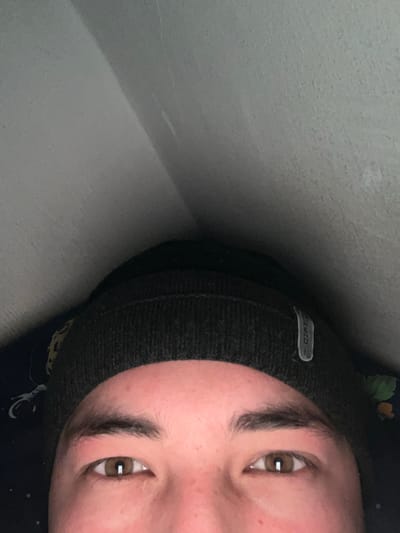 An upside-down close-up shows a person wearing a dark beanie. Their face is visible, displaying fair skin, dark eyebrows, and light brown eyes looking directly at the viewer. The left side of the image reveals a plain, textured, light gray wall, possibly a corner. The beanie has a small gray tag on the upper left. Part of a dark garment with a small pattern peeks from beneath the beanie.