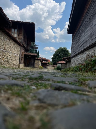 This is a ground-level, low-angle photograph taken on a cobblestone street in the historic village of Zheravna, Bulgaria. The street is lined with traditional Bulgarian Revival architectural style houses, characterized by their stone foundations and wooden upper stories with protruding eaves. The houses have red tile roofs. In the foreground, the cobblestones are prominent and slightly out of focus, with patches of grass growing between them.
On the left side of the street, a two-story stone and wood house is visible. It has a wooden door and a window on the upper floor with curtains. A sign hangs from the building. Further down the street, other houses with similar architectural features are visible, creating a sense of depth and historical atmosphere.
On the right side of the street, the side of another house is depicted, constructed with stone at the base and wooden planks on the upper section. Green plants with red-tinged leaves are growing along the base of this building.
The background features a large, leafy green tree and a bright blue sky filled with fluffy white clouds. The overall impression is one of a well-preserved historical village, likely a tourist destination, showcasing its authentic architecture under a clear, sunny sky. No people are visible in the image.