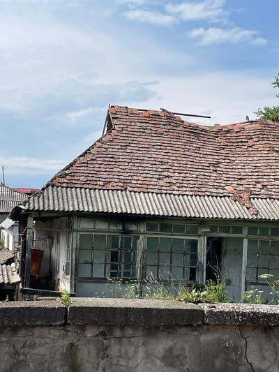 The image displays a severely dilapidated single-story structure, likely a residence, situated in Tashir, Armenia, viewed from behind a concrete wall. The building's prominent feature is its red-brown, weathered, and heavily damaged clay tile roof, exhibiting numerous missing tiles, exposed sections, and a visible dark support beam or pipe lying horizontally across a higher portion. A small dark bird is perched on the peak of the tiled roof towards the right. Below the main tiled roof, a lighter gray corrugated roof extends over what appears to be an enclosed porch or sunroom.

The facade of this lower section features a series of multi-pane windows set within weathered white or light-colored frames; several glass panes are broken or missing, and the surfaces appear grimy. To the far right, an open, dark doorway is visible. On the far left of the building, a light-colored, shovel-like object leans against the wall of the structure, which appears to extend further back or connect to another, partially visible, similarly structured building with a gray corrugated roof.

In the immediate foreground, a cracked, weathered concrete wall or fence runs horizontally across the lower portion of the image. Overgrown green vegetation, including some white flowering plants, protrudes from the top and base of this wall. The sky overhead is partially cloudy with patches of blue visible. No people are present, and no active interactions are depicted.