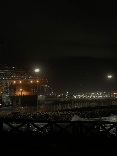 The image depicts a nighttime scene at a port in Ksar El Majaz, Morocco. In the immediate foreground, a dark, X-patterned railing or fence runs horizontally, partially obscuring dark water where waves are visible, some breaking with white foam. Behind this, a robust breakwater constructed from numerous concrete blocks, likely tetrapods, stretches across the frame. Two prominent streetlights, each emitting a bright glow, stand vertically in the midground, illuminating parts of the scene.
Further into the port, a large container ship is either docked or slowly transiting, brightly lit along its length, particularly its cargo deck which is stacked with containers. Adjacent to the ship on the left, massive gantry cranes are visible, also illuminated, indicating an active container terminal. A fence, possibly topped with barbed or razor wire, is situated between the breakwater and the main port infrastructure. Beyond the ship and cranes, the expanse of water is dark, but numerous scattered lights from additional port facilities or a distant cityscape line the horizon. The sky above is dark, with no stars visible, typical of a nighttime urban or industrial environment with significant light pollution. No people are discernible in the frame.