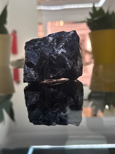 Two dark, possibly obsidian, rock fragments are centrally displayed. Their surfaces are rough and faceted, reflecting light in a scattered manner. The objects appear to be housed within a glass display case, with blurred background elements including greenery, a window, and hints of red and beige objects. The composition suggests a museum or exhibition setting.