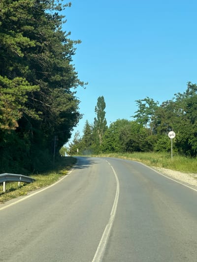 The image depicts a paved road curving through a natural, wooded landscape under a clear blue sky. The scene appears to be a rural road in Prisovo, Bulgaria, likely taken during daylight hours. The weather seems fair and sunny, with shadows cast by trees on the asphalt, suggesting midday or early afternoon.
The road itself is grey asphalt with a visible white dividing line. To the left of the road, dense green trees and foliage dominate the scenery, with some taller, slender trees reaching upwards. On the right side of the road, there's a strip of green grass and a roadside guardrail.
A white circular road sign with a black symbol is visible in the distance, positioned on the right side of the road amongst the trees. The symbol appears to depict two intersecting lines, one horizontal and one vertical, indicating a junction or intersection where traffic from the side road must give way.
There are no people visible in the image. The overall impression is one of a peaceful, scenic drive through a natural environment. The focus is on the road, the surrounding vegetation, and the clear sky, creating a serene and open atmosphere. The image captures a moment of travel through a tranquil Bulgarian landscape.