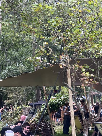 A group of people are gathered outdoors, under a canopy of trees and a large, tan-colored tarp. The scene appears to be a festival or outdoor event. In the foreground, several individuals are seated or standing, engaged in conversation. One person with pink hair is reclined in a chair, wearing a black shirt. Another person with dark hair and sunglasses is looking to their left, holding a phone. Behind them, a man in a white tank top and sunglasses is speaking with a woman wearing a white crop top and a black skirt. The background reveals more people milling about, some near stages or vendor booths, all within a lush, green environment with dense foliage. The overall atmosphere suggests a relaxed, social gathering in a wooded or park-like setting. There is no indication of the location being Viana do Castelo, Portugal.