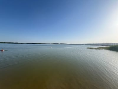 This media file depicts a wide shot of a calm lake under a clear blue sky, suggesting it is daytime with fair weather. The scene is set in Nonsard-Lamarche, France.
The main subjects include a person swimming in the lake on the left side of the frame, a white swan swimming in the middle distance, and a line of sailboats moored at a marina in the background on the right. The water is a murky green, with gentle ripples indicating minimal wind. A shoreline with trees and vegetation borders the lake in the distance. The sky is a gradient of bright blue near the horizon, transitioning to a paler blue at the top of the frame. The sun is visible in the upper right corner, casting a bright glow and suggesting it is late afternoon or early morning.
The overall mood is peaceful and serene, emphasizing the natural beauty of the lake and its surroundings. There is no visible text in the image. The presence of the marina with sailboats suggests this is a recreational area.
