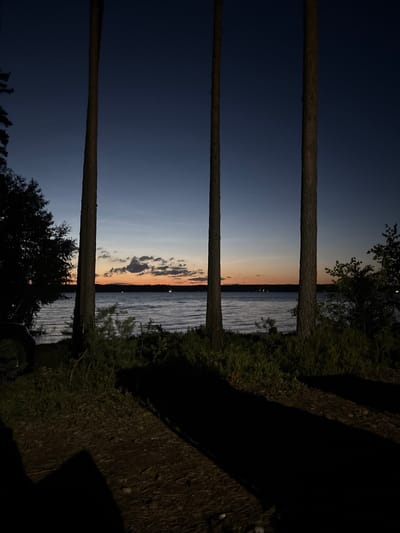 This image depicts a serene twilight scene of a lake surrounded by trees. Three tall, slender trees stand prominently in the foreground, casting long shadows across the ground. The sky transitions from a deep blue at the top to a soft orange and yellow hue near the horizon, indicating either sunrise or sunset. Wispy clouds are scattered across the sky. The lake's surface is calm, reflecting the subtle colors of the sky. Dense green foliage lines the shore in the middle ground. The overall impression is one of tranquility and natural beauty.