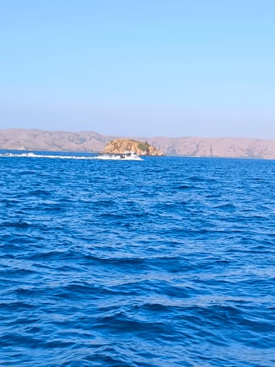 An elevated, wide shot captures a wide expanse of deep blue ocean under a clear, light blue sky. In the distance, a chain of sparsely vegetated, tan-colored hills forms the horizon. A small, rocky island with some vegetation sits in the mid-ground, with a white motorboat cutting through the water just to its left, creating a white wake. The foreground is dominated by the textured surface of the choppy ocean. The scene is likely located near Pasir Putih, Indonesia, given the characteristic landscape.