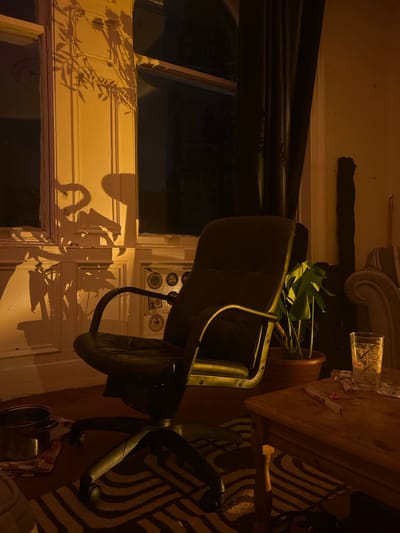 The image captures an indoor scene, likely a room within a residential setting in Dundee, United Kingdom, characterized by dim, warm lighting that suggests evening or nighttime. The scene is rotated 90 degrees clockwise.
In the correct orientation, a dark, wheeled office chair occupies the central foreground. Behind it, a large houseplant, possibly a Monstera, stands in a terracotta pot. To the chair's right, a wooden table holds a clear glass with an ornate dark pattern and a few other indistinct items. Below the table and chair, a rug features a bold striped or zigzag pattern in dark and light tones.
To the left, a window area is partially covered by dark curtains. Striking shadows of plant foliage are cast across the light-colored window frame and the wall beneath, indicating a strong light source, possibly from outside or positioned to create these effects. The light-colored wall in the background shows a section of a sofa or armchair with decorative carvings. Several small stickers or badges are adhered to the wall near the window frame. On the floor near the chair's base, a couple of metallic pots or bowls are partially visible.
No specific activities or people are present; the image is a still life, emphasizing the interplay of light and shadow within the room. While there is text on the patterned glass and the wall stickers, it is not legible.