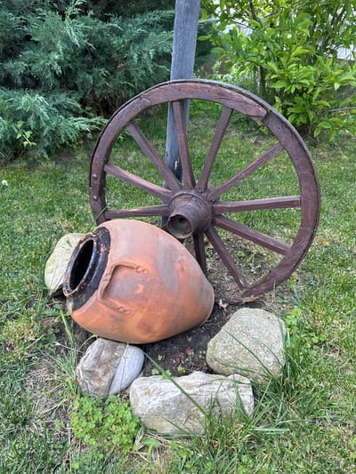 In the city of Vinarsko, Bulgaria, a weathered wooden wagon wheel stands upright, leaning against a gray metal pole. In front of the wheel and partially obscured by it, lies an overturned, rustic clay amphora. The amphora is reddish-brown with a dark, glazed rim. Both objects are situated on a patch of green grass, interspersed with small green plants and surrounded by several large, gray stones. A dense evergreen bush is visible in the background to the left, and a leafy green tree is behind the wagon wheel on the right. The scene appears to be outdoors, likely in a garden or yard. There are no people or animals present in the image.