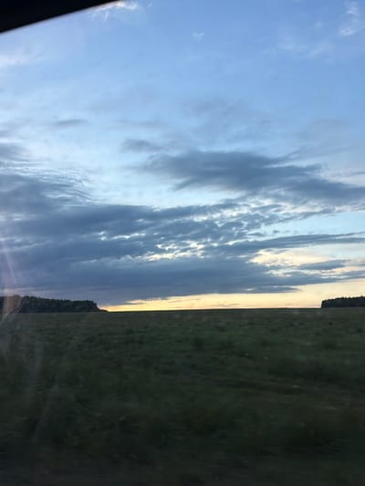 The image captures a landscape in Беркуты, Russia. The sky dominates the view, displaying a range of cloud formations from light blue to dark gray. The setting suggests either dawn or dusk, with a warm, golden light near the horizon. The ground is a mix of vegetation and trees, transitioning from lighter shades near the horizon to darker tones closer to the observer. The perspective appears to be from inside a vehicle, indicated by a glimpse of the vehicle's interior at the lower left.