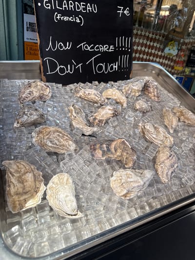 This is a close-up, slightly angled shot of a metal tray filled with fresh oysters nestled on a bed of ice cubes. The oysters appear to be of the "Gillardeau" variety, as indicated by a handwritten sign. The sign, written in white chalk on a black background, also states "(Francia)" and "7€", suggesting the price per oyster. Below this, in larger white lettering, it reads "NON TOCCARE!!!!!! DON'T TOUCH!!!!", a clear warning to customers.

In the background, out of focus, are shelves stocked with various items, including what appears to be bottles and other retail products. A small, orange booklet titled "I Ristoranti d'Italia" is visible at the bottom left, providing a clue to the setting as likely a restaurant or market in Italy, specifically Bergamo as per the provided context. The lighting suggests it could be daytime, possibly outdoors or in a well-lit establishment. The overall impression is one of fresh, high-quality seafood presented enticingly but with a clear instruction to refrain from touching. The texture of the ice cubes and the shells of the oysters are prominent visual elements, conveying a sense of coolness and freshness.