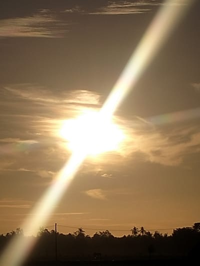 The image shows a bright sun with prominent rays shining down on a landscape in Mee Pangwa, Indonesia. The sky is filled with light clouds, creating a hazy or golden effect. In the foreground, silhouetted trees and vegetation define the horizon line, suggesting a rural or undeveloped area. A utility pole is visible on the left. The intense light from the sun dominates the image, potentially obscuring other details.