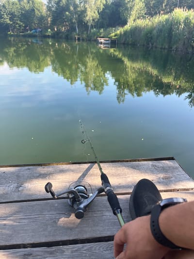 A fishing rod and reel are positioned on a wooden dock overlooking a calm body of water, likely a lake or pond, in Janówek Pierwszy, Poland. The water reflects the surrounding lush green trees and reeds lining the distant bank. A person's hand, wearing a smartwatch, rests near the fishing rod, suggesting they are either preparing to fish or taking a break. A black sneaker is also visible on the dock. The scene depicts a peaceful outdoor setting, possibly during a warm day, as indicated by the clear sky and vibrant reflections.