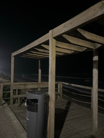 A low-angle shot depicts a wooden structure against a dark background. The structure consists of beams arranged in a geometric pattern. A gray trash can stands in the foreground with a black bag visible inside. The lighting is dim, emphasizing the contrast between the wooden beams and the dark sky. Some architectural elements are seen below the structure, possibly steps.
