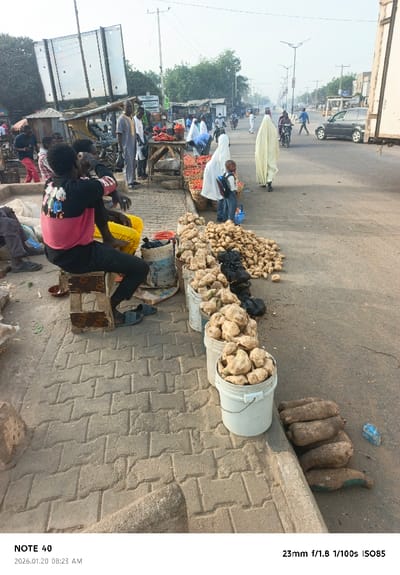 A bustling street scene shows people and vehicles moving along a road with vendors lining the sidewalk. Buckets overflowing with yams or potatoes sit prominently in the foreground, near men sitting and chatting. A woman in a white hijab walks with a child carrying a backpack, while other pedestrians stroll past stalls of red produce. A man in a yellow robe walks in the same direction. The atmosphere is lively, capturing a moment in the daily life of a roadside market.