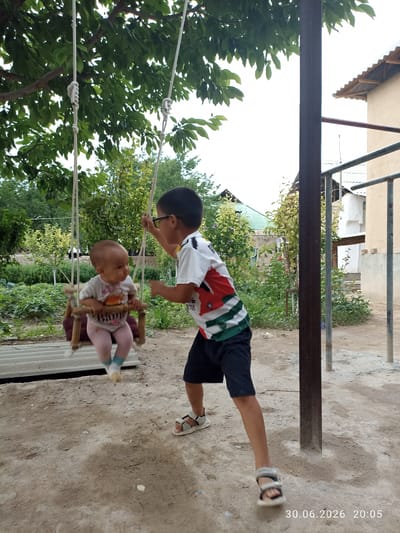 A young boy wearing a black t-shirt with a colorful striped pattern and dark shorts, and sandals, is standing to the right of the image, pushing a baby on a swing. He is looking at the baby and pointing. The baby, dressed in a white t-shirt and pink leggings, is sitting on a wooden swing with a red cushion. The swing is suspended from a tree branch by two ropes. The setting is outdoors, in what appears to be a yard or garden, with lush green foliage and trees in the background. The ground is dirt and there are some corrugated sheets visible under the swing. To the right of the frame, there is a metal pole and part of a building with a metal roof can be seen. The sky is overcast, suggesting a cloudy day. The time stamp at the bottom right corner indicates the date "30.06.2026" and time "20:05". The overall mood is one of playful sibling interaction.