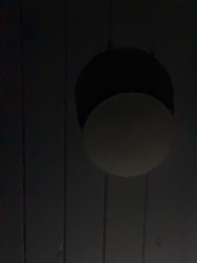 The image shows a close-up view of a ceiling light fixture. The fixture has a dark, circular shade that partially covers a white, rounded diffuser. The ceiling itself is made of vertical wooden planks. The lighting is dim, creating deep shadows. The scene is indoors, likely in a residential or public space.