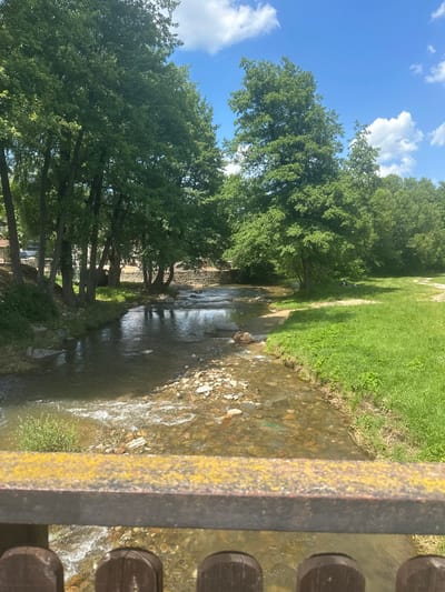 This image shows a view of a shallow, clear river flowing through a park-like setting. Trees line the banks of the river, with lush green grass covering the ground. In the foreground, a rusty, yellow-tinged railing with dark wooden posts is visible, suggesting the image was taken from a bridge or elevated walkway. The riverbed is visible through the clear water, with rocks and pebbles scattered across it. The sky is a bright blue with scattered white clouds, indicating a sunny day. In the background, there are more trees and some buildings that appear to be in a village or small town. The location is identified as Donchovci, Bulgaria. The scene appears peaceful and natural, with no people or specific actions explicitly visible, other than the gently flowing water.