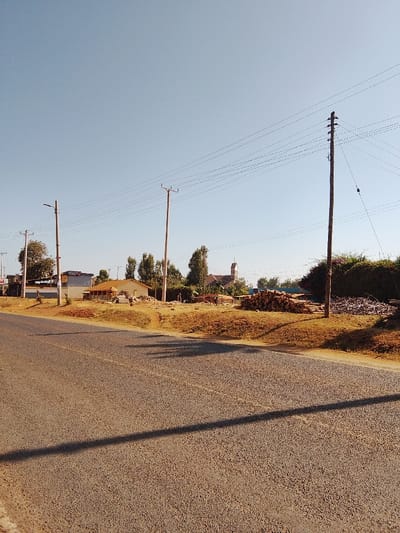 The scene depicts a daytime, clear-weather view in Karingani ward, Kenya, from the perspective of an asphalt road. A long, dark shadow extends diagonally across the road from the lower left to the mid-right. The road is bordered by a reddish-brown dirt verge.
In the mid-ground, multiple wooden utility poles with overhead power lines traverse the frame horizontally. The pole on the far left features an attached streetlight. A light-colored, single-story building, appearing to be under construction or renovation with exposed wooden framing, is centrally positioned. At least two individuals are visible near this building; one appears crouched or bending at the front, another stands further back. To the right of the building, a large stack of cut logs is present, next to a smaller pile of branches and debris. Two additional figures are vaguely discernible further right, behind the woodpiles.
In the background, various trees with green foliage are visible. A church-like structure with a pointed roof and possible bell tower is discernable behind the trees, slightly right of center. Other distant buildings are partially visible on the far left. The sky above is clear and light blue.