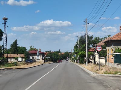 This is a forward-facing, eye-level, medium shot photograph taken on a sunny day in Krushovitsa, Bulgaria. The scene depicts a two-lane road lined with houses and trees, leading into a village. The sky is a clear blue with scattered white clouds.

On the left side of the road, a tall, metal electrical tower supports a stork's nest with two storks. Further down the road, a dark blue car is parked in front of a small house. On the right side of the road, a traffic sign shows two cars with a red circle and a red line through them, indicating "no overtaking." Beyond this, more houses and trees are visible.

Several cars are driving on the road, heading away from the camera. The overall mood is peaceful and rural. The time of day appears to be late morning or early afternoon, given the bright sunlight and clear sky. The vegetation suggests a warm season, likely summer. There is some dry grass along the side of the road, indicating dry conditions. A street sign with Cyrillic text is visible on the right side of the road in the distance.