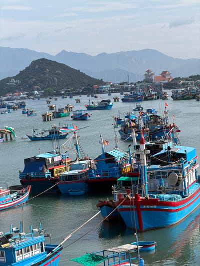 The image captures a bustling fishing port or village, likely in Ninh Chu Ward, Vietnam, with numerous brightly colored fishing boats moored in calm waters. The scene is dominated by a fleet of large, multi-decked boats, predominantly painted in vibrant shades of blue with distinctive red stripes and accents. Many vessels feature complex rigging, poles, nets, and various fishing equipment, along with small flags, some of which appear to be the national flag of Vietnam. The boats reflect in the tranquil water, creating subtle distortions of their colors and shapes.

In the background, a dramatic mountainous landscape rises. Closer mountains are covered in lush green foliage, while more distant peaks appear hazy and subdued under an overcast or cloudy sky. Along the shoreline, between the boats and the mountains, various buildings are visible, including residential structures and larger edifices with prominent orange-tiled roofs, possibly reflecting traditional Vietnamese architecture or a temple. On some distant mountain ridges, several wind turbines can be discerned.

The weather appears to be daytime, with soft, diffused light suggesting an overcast sky rather than direct sunlight. The water is exceptionally calm, indicating a sheltered harbor or river. There is no explicit human activity visible, but the sheer number of working boats implies an active fishing community.

Visible text includes identification numbers and letters on the sterns of several boats. One prominent blue vessel clearly displays "NT02149TS" twice, once as a mirror image. Another boat shows "NT02357T", and a smaller boat has "91-TS" and partially "SH". The overall impression is one of a vibrant, working port nestled against a picturesque natural backdrop.