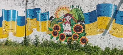 The image displays a mural painted on a textured white concrete wall, depicting imagery commonly associated with Ukraine. The mural features stylized Ukrainian flags in blue and yellow, rendered with a wavy, cloth-like appearance. Central to the composition is a depiction of a young girl in traditional Ukrainian attire, adorned with a floral wreath and ribbons in her hair. She is surrounded by sunflowers, a national symbol of Ukraine. Behind the girl, a green, hill-like form is painted, with small white houses depicted atop it. A bright, radiating sun is positioned above the girl's head. The mural is situated above a dense growth of green grass and foliage, suggesting an outdoor urban environment. The wall itself shows signs of weathering, with peeling paint and textured surfaces. This mural is located on a wall along Kholodnyi Yar Street in Cherkasy, Ukraine.